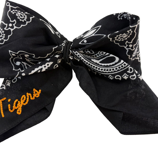 Bandana Bow Barrette Embroidered Tigers-Blk