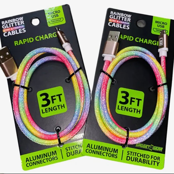 3 ft Rainbow Glitter USB to Micro USB Charging Cable Bulk
