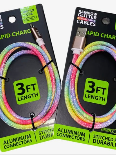 3 ft Rainbow Glitter USB to Micro USB Charging Cable Bulk