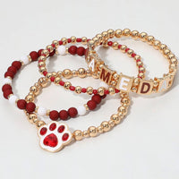 4PCS-Gameday Message Paw Charm Beaded Stretch Multilayered Bracelet