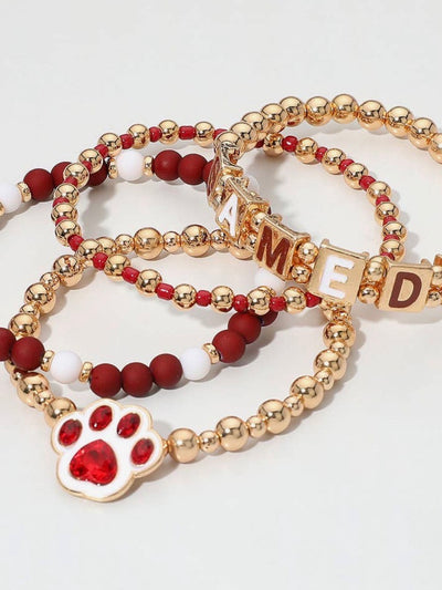 4PCS-Gameday Message Paw Charm Beaded Stretch Multilayered Bracelet