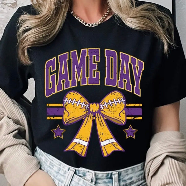 PURPLE GAME DAY FOOTBALL BOW GRAPHIC PLUS-TEE