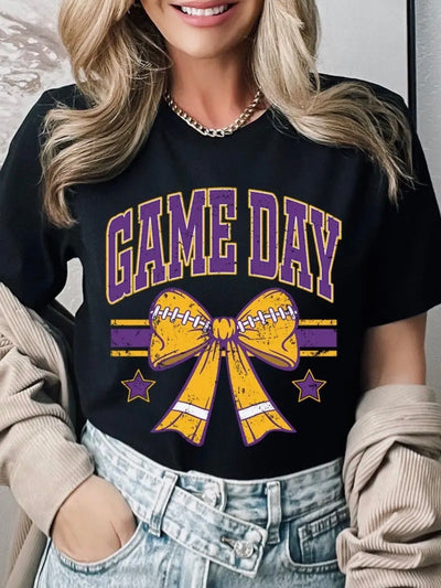PURPLE GAME DAY FOOTBALL BOW GRAPHIC PLUS-TEE