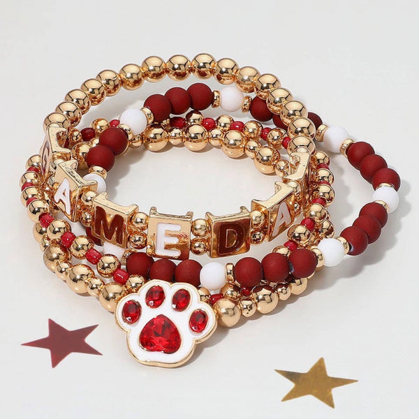 4PCS-Gameday Message Paw Charm Beaded Stretch Multilayered Bracelet