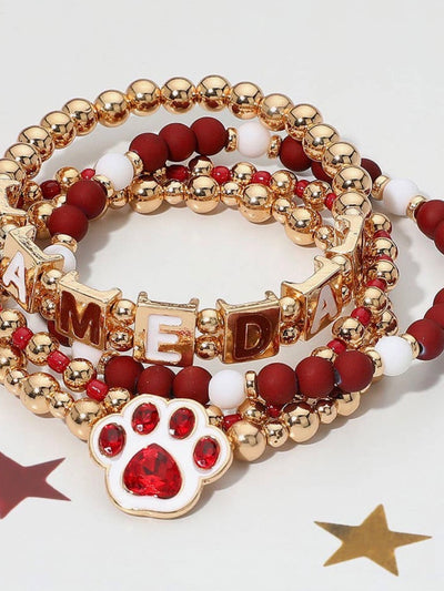 4PCS-Gameday Message Paw Charm Beaded Stretch Multilayered Bracelet