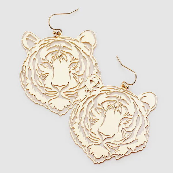 Brass Metal Cut Out Tiger Dangle Earrings