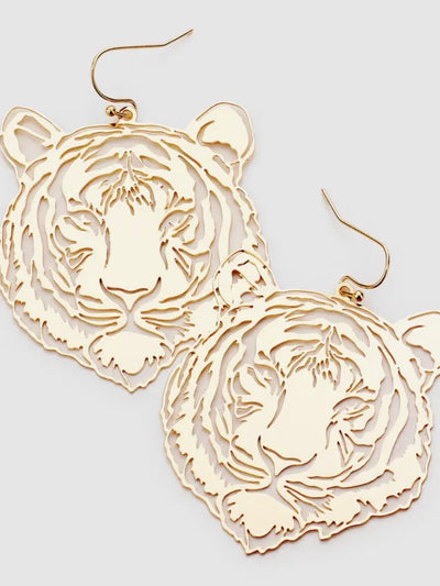 Brass Metal Cut Out Tiger Dangle Earrings