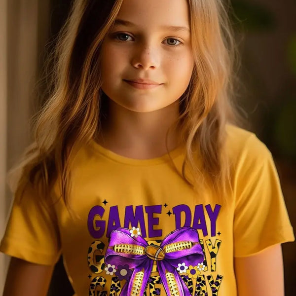 Purple Yellow Football Game Day Bow Kids Tee