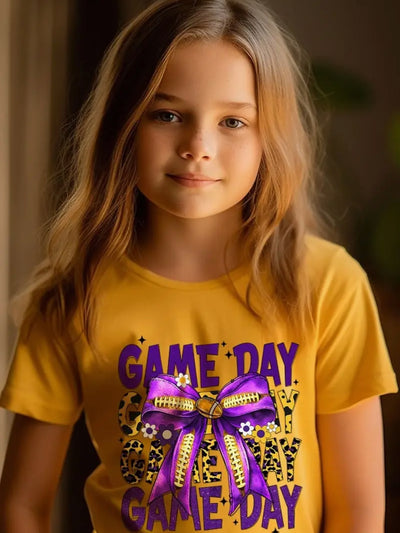 Purple Yellow Football Game Day Bow Kids Tee